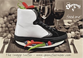 campaign poster for Spoons Footwear: "The Swagg Surfer - feed me!"